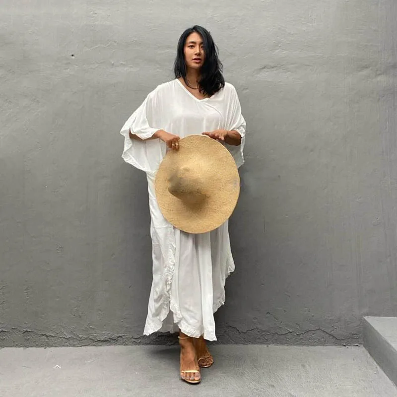 لباس سباحة بكيني بلون أبيض سادة بياقة على شكل v لعام 3/4 فستان طويل قفطان للشاطئ ملابس للنساء رداء استحمام