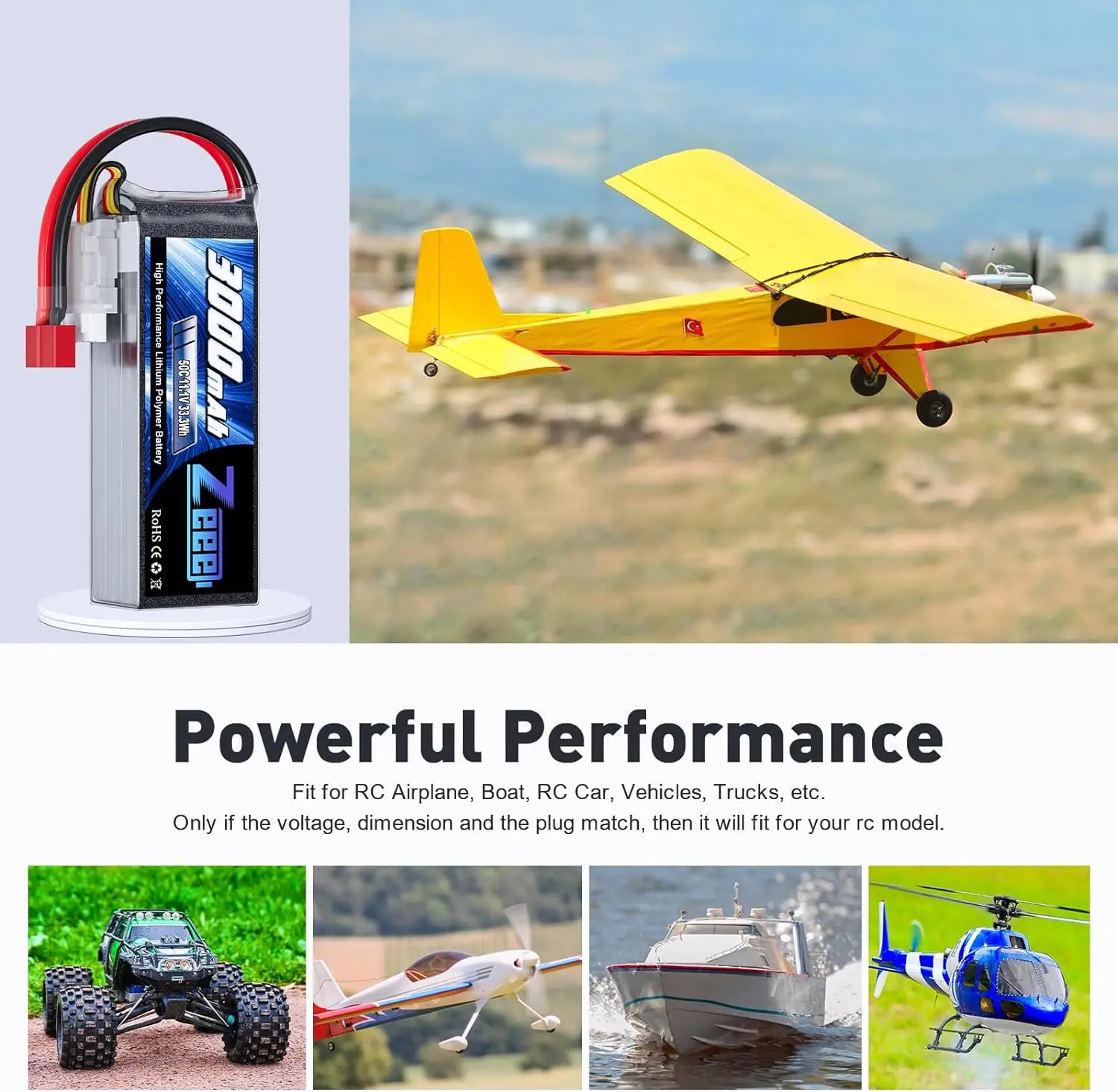 Zeee-batería Lipo de 11,1 V, 50C, 3000mAh, 3S, Softcase con enchufe decanos para helicóptero RC, avión, FPV, Drones, coche, camión, barco, 2 unidades