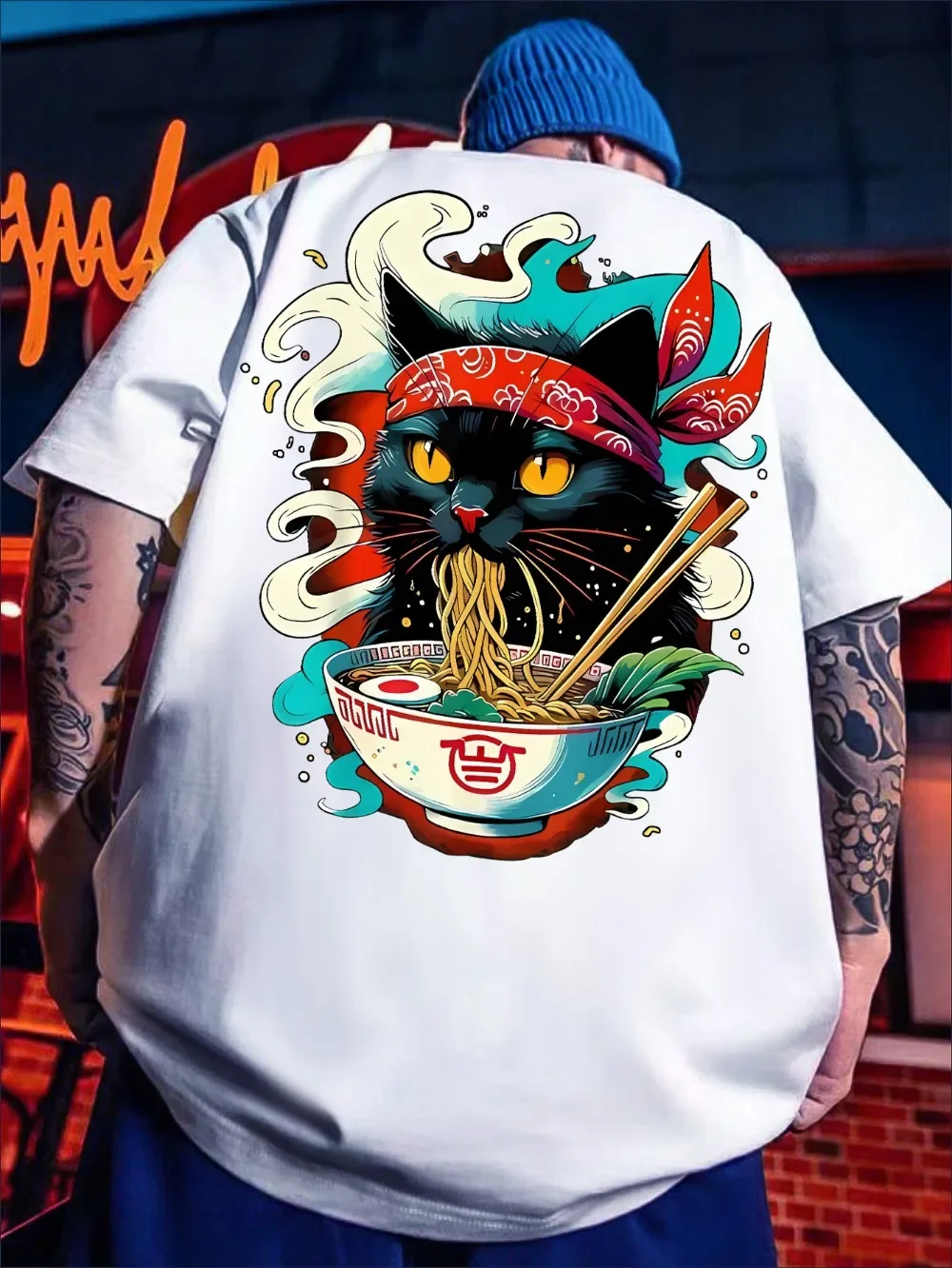 Ukiyo-e cat ramen 3D printed breathable quick-drying men's loose large-sized short-sleeved T-shirt, street casual hip-hop top
