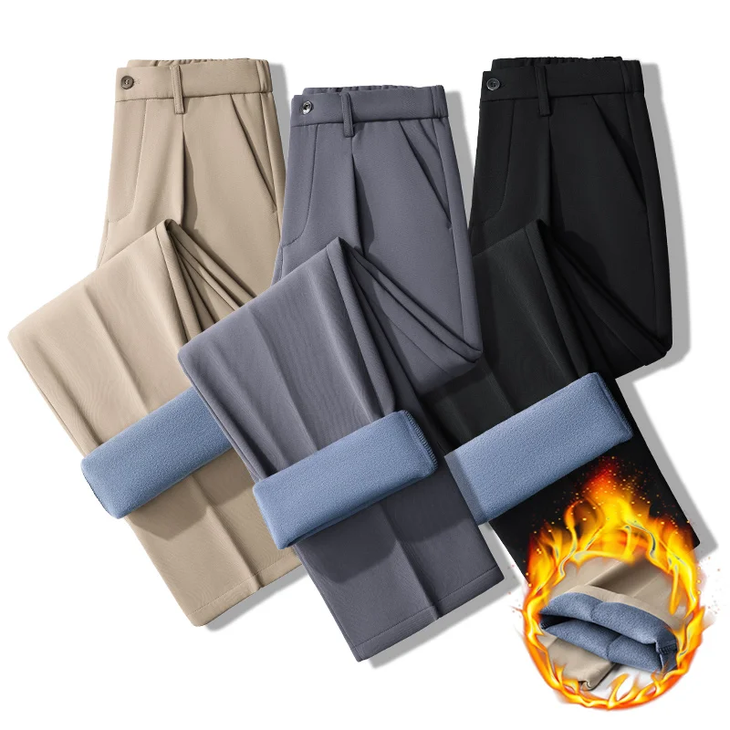 

Новые зимние флисовые теплые костюмные брюки мужские деловые с эластичной резинкой на талии классические корейские формальные прямые флокированные рабочие брюки мужские M-4XL