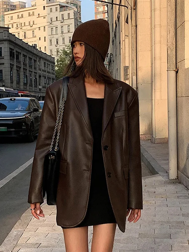 Brown PU Leather Suit Jacket Coat Woman Vintage Texture Trends Motorcycle Jackets Streetwear Loose Casual Thickened Overcoat Top