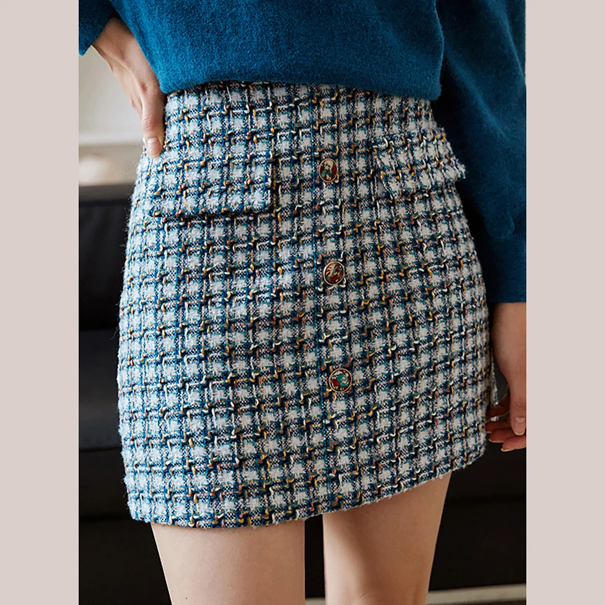 OLrain Women's Plaid Tweed Mini Skirts Autumn A-line Skirts French High Waist Slim Fit Chic Button Ladies Clothing O21QB55220