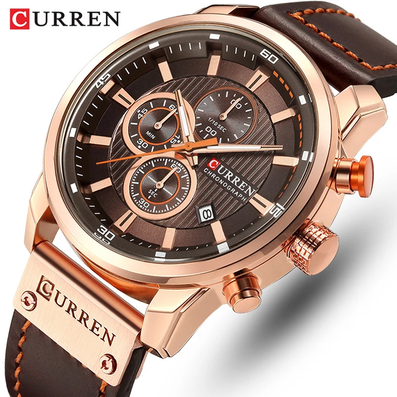 CURREN-reloj deportivo de cuero para hombre, cronógrafo de cuarzo militar, Masculino