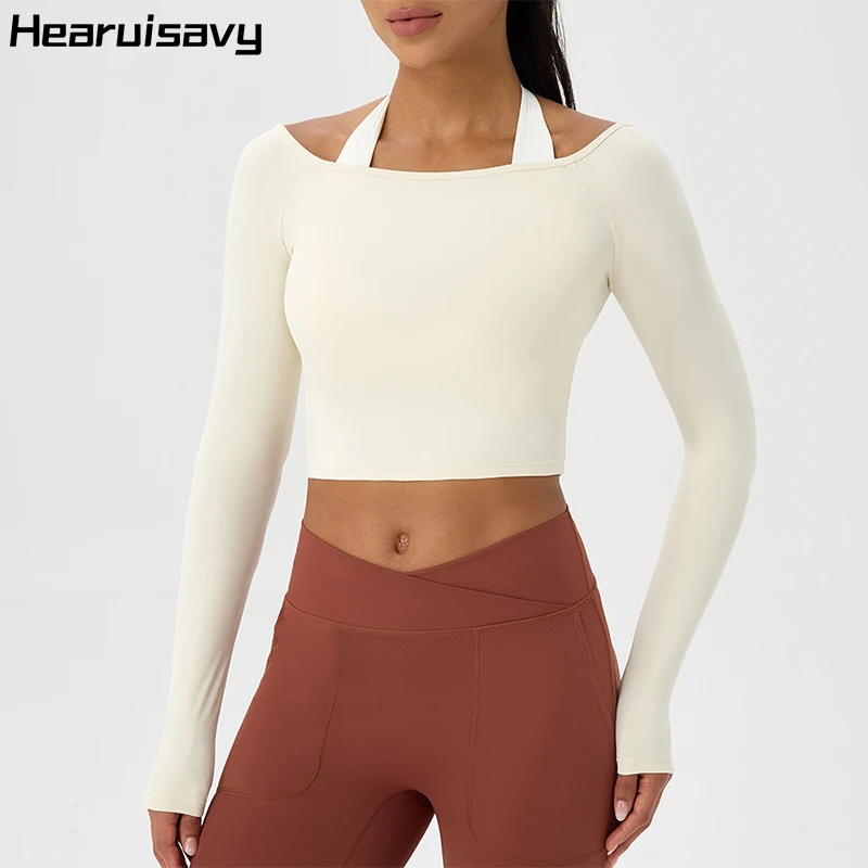 

Hearuisavy женская дышащая облегающая футболка для йоги на одно плечо с длинными рукавами из голой кожи, быстросохнущая спортивная рубашка для бега, йоги