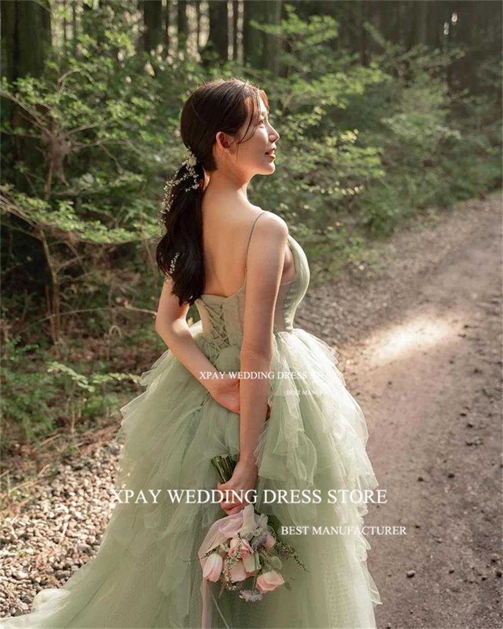 XPAY Spaghetti Straps corea abito da sera da sposa servizio fotografico RufflesProm Gown Sage Green Birthday Special Occasion Dress