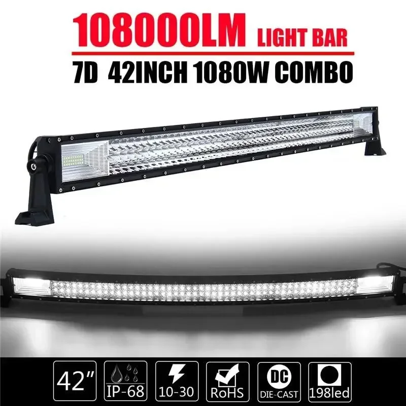 

42 Inch 1080W 3-Row 7D Flood+Spot Combo LED Work Light Bar IP68 Waterproof Curved Lamp 108000LM Car Boat Truck Offroad DC10-30V