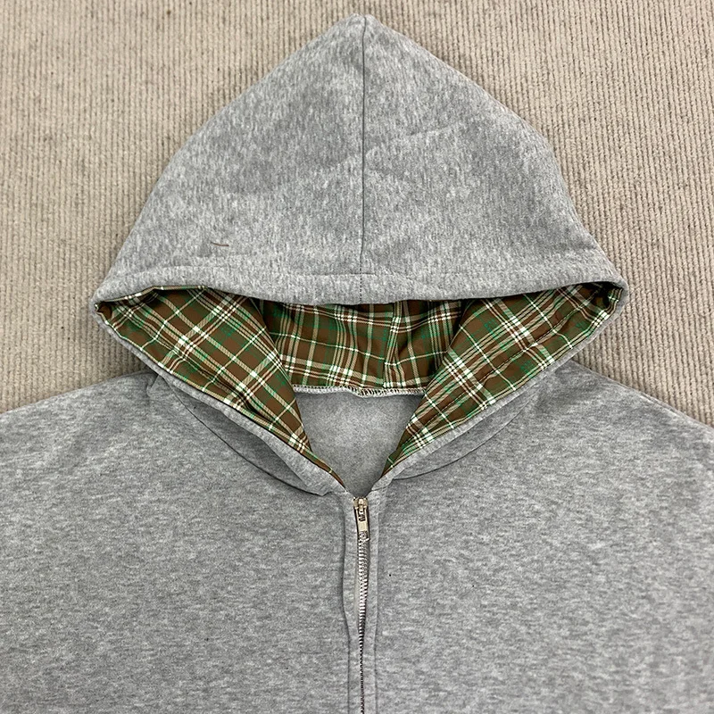 

Y2K High Street Solid Plaid Double Hat Design Long Sleeve Hoodies Men Autumn Winter Warm Zipper Skateboard Sweatpants