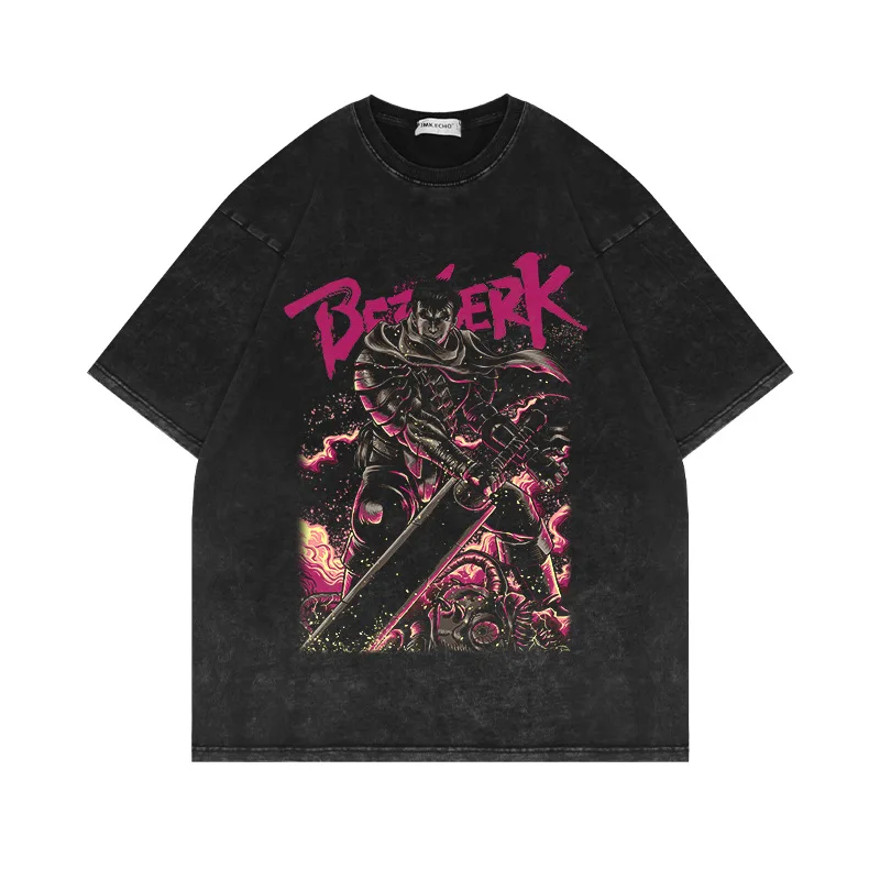 Berserk Print T Shirt Men Vintage Washed T-Shirt Anime Guts Graphic Tshirt Hiphop Streetwear Tees Summer Casual Berserk Clothes