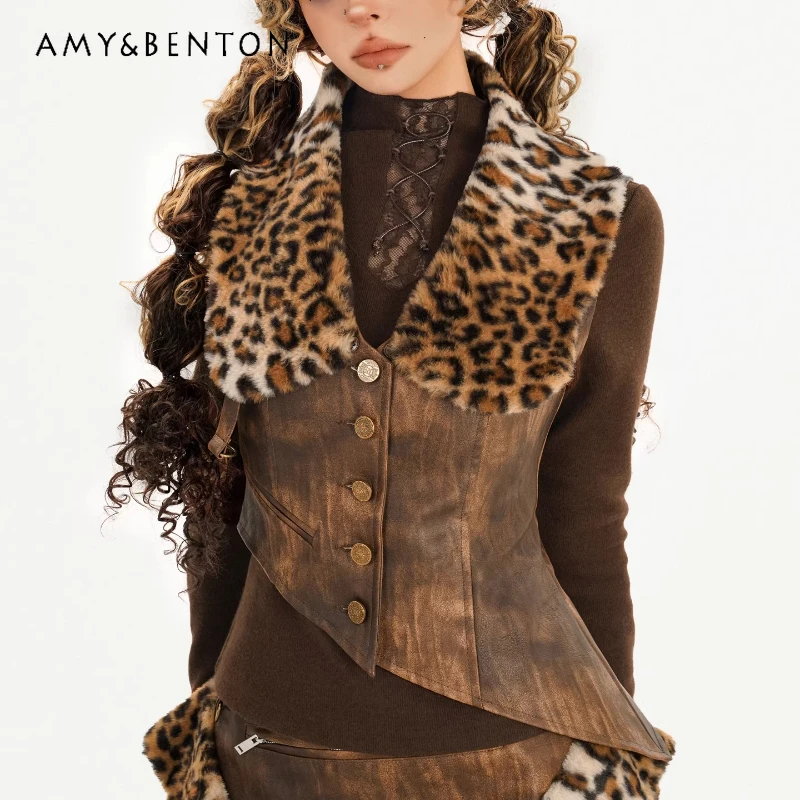 

Женские жилеты с леопардовым принтом в американском стиле ретро, осень-зима 2022, новый кожаный жилет для похудения кофейного цвета, женские куртки
