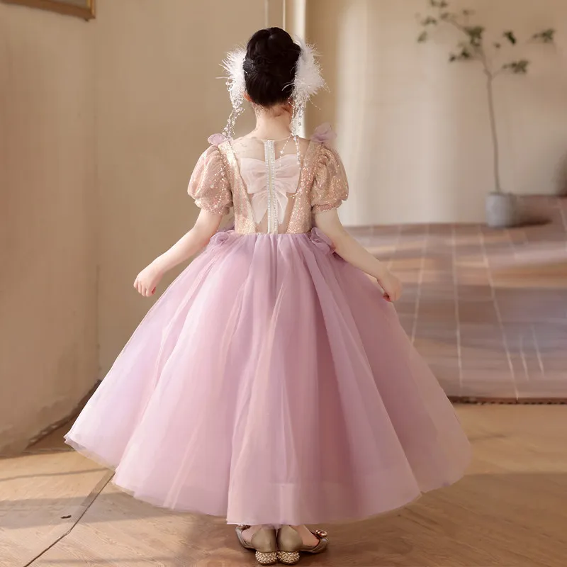 

Custom 3D Floral Embroidery Puff Sleeve Flower Girl Dress Wedding Gown Birthday Party Pageant Dress for Girls Formal Tulle Gown