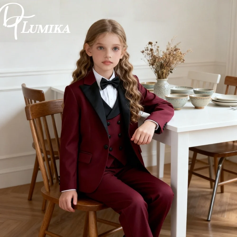 

Girls Burgundy Classy Slim Formal 4 Piece Suit Set Blazer Vest Pants Bow Tie Christmas Wedding Performance Wear for Kids