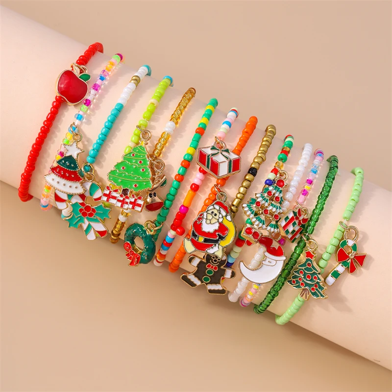 5/10Pcs Random Bohemian Handmade Beads Bracelets for Women Christams Tree Santa Claus Snowman Charms Bracelets Girl Jewelry Gift