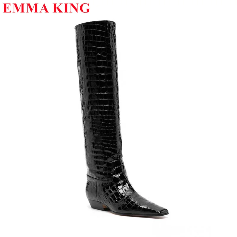 Women's Pointed Toe Thick Heel Long Knight Boots 2024 Spring/Autumn Leather Crocodile Pattern Knee High Boots Black Casual Shoes