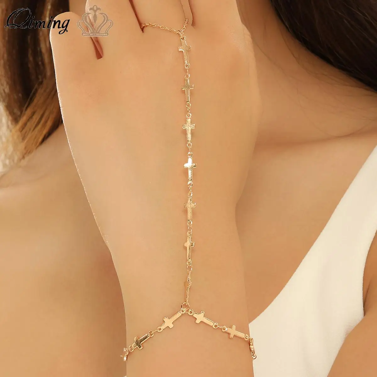 QIMING Vintage Cross Chain Ring Bracelet Finger Bracelet Ring Connected Hand Harness Jewelry Bracelets For Women Gifts