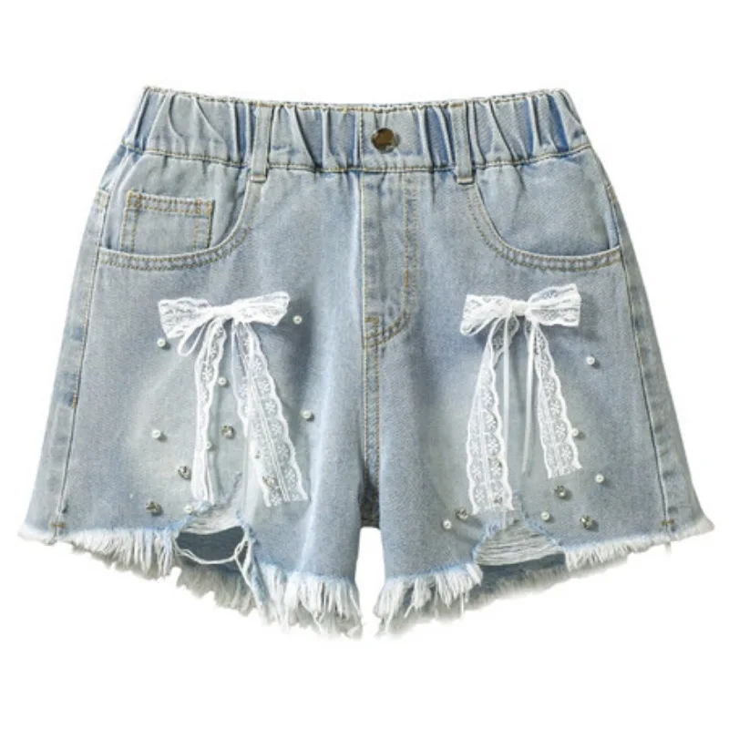 2026 Childrens Nail Bead Pants Girls with Frayed Edges and Holes Childrens Hot Pants Bright Girls Denim Shorts Summer Fashion