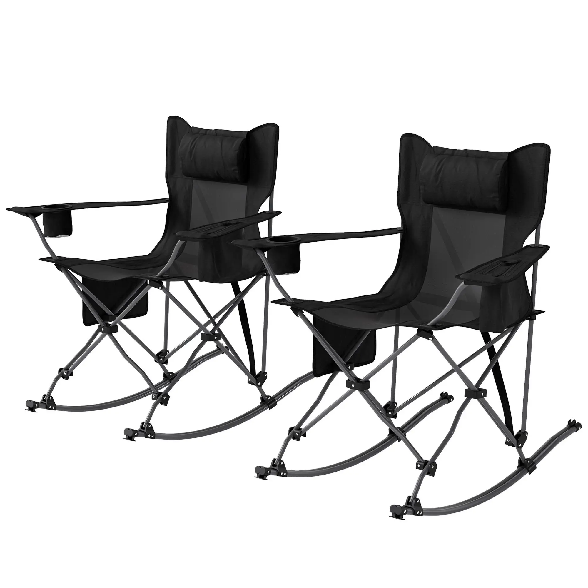 2 Pack Black Portable Outdoor Folding Rocking Camping Chairs with Headrest Cooler Bag Cup Holder Carry Bag