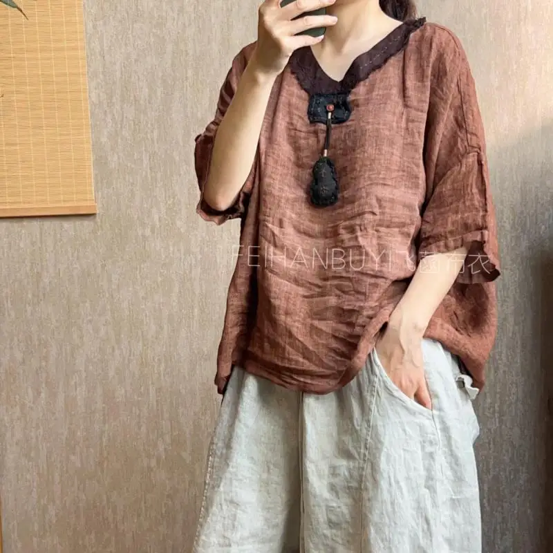 New Summer Arts Style Women Patchwork V-neck Gourd Pendant Embroidery Tshirt Vintage Cotton Linen Loose Tee Shirt Femme Tops