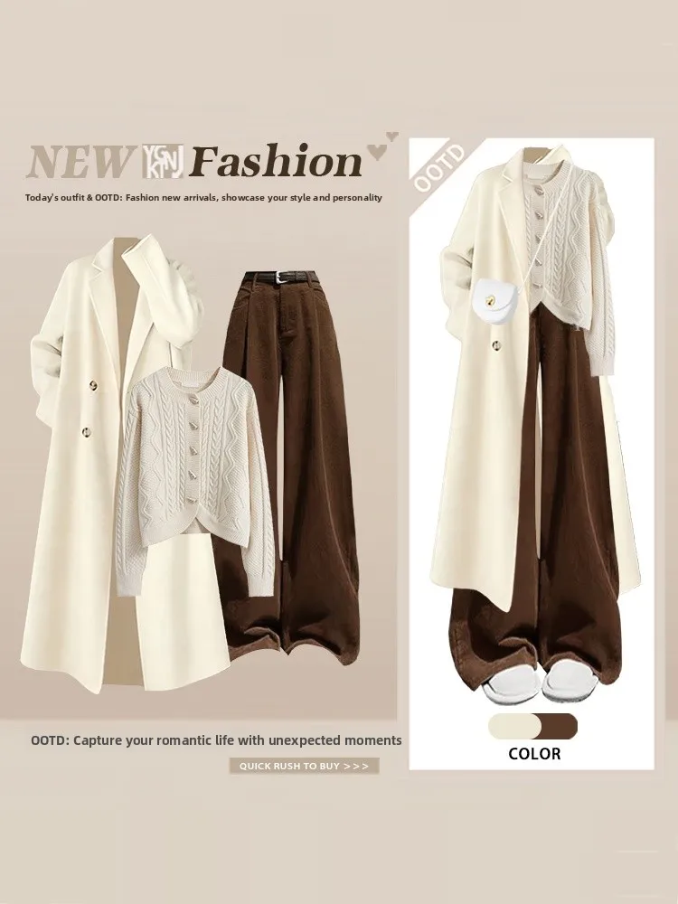 

Winter Aosphere Korean Sle Women's Tee-Piece Set Coat Sweater Cardigan Casual Pants Double-Row Buttons Long Sve
