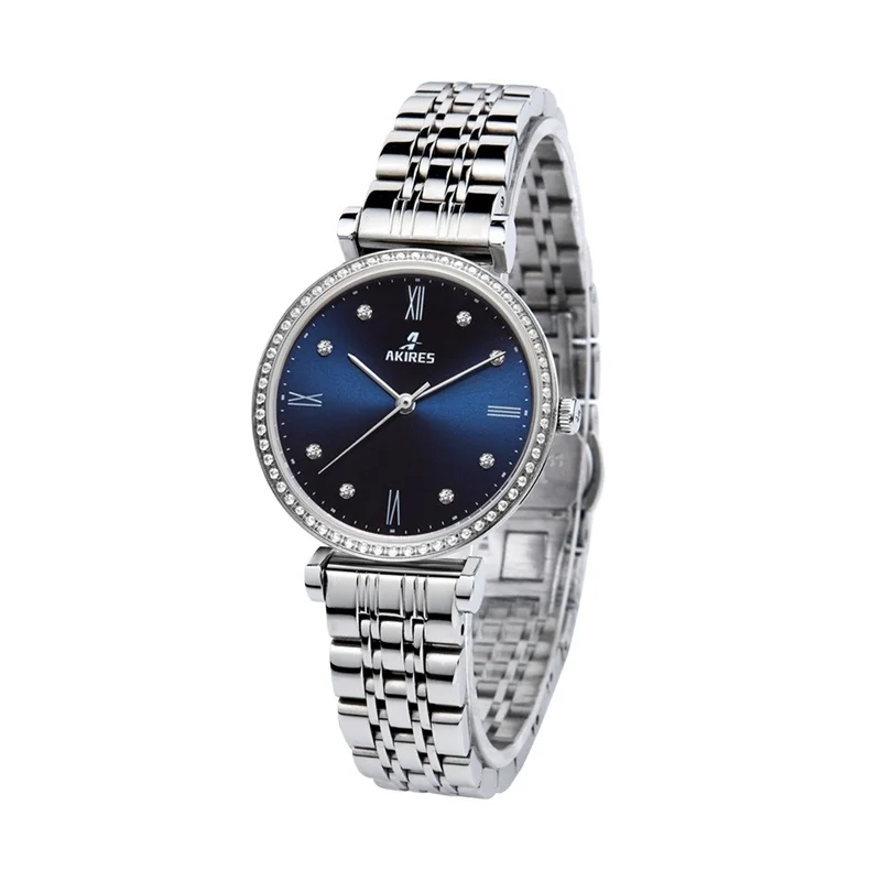 Vintage Watch Dial Ladies Watch Blue Stainless Steel Ronda Movement Diamond quartz watch for women