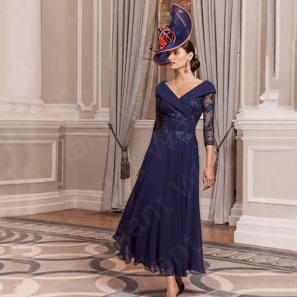 

Элегантные темно-синие платья для мам невесты 2023 года, длиной до щиколотки, кружевные, с V-образным вырезом, для свадебных гостей, расшитые бисером
