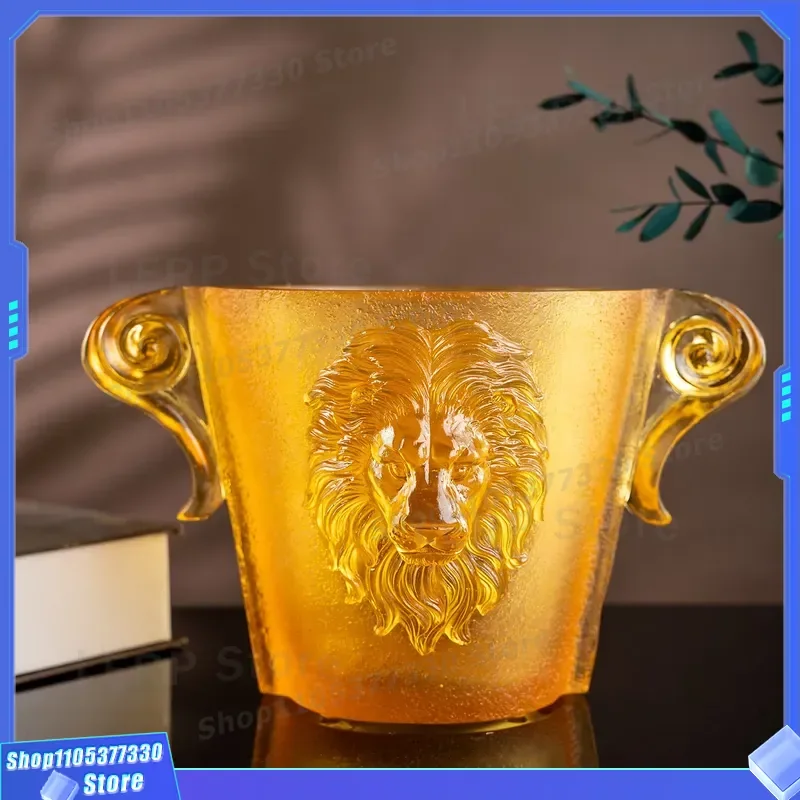 Hand Carved Lion Decorative Vase Amber Glass Tabletop Centerpiece Exquisite Home Ornament for Living Room Shelf Display Art