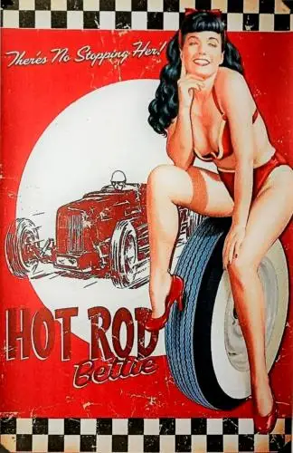 Bettie Page Pinup Style Metal Sign, Hot Rod Bettie   (Reprint)