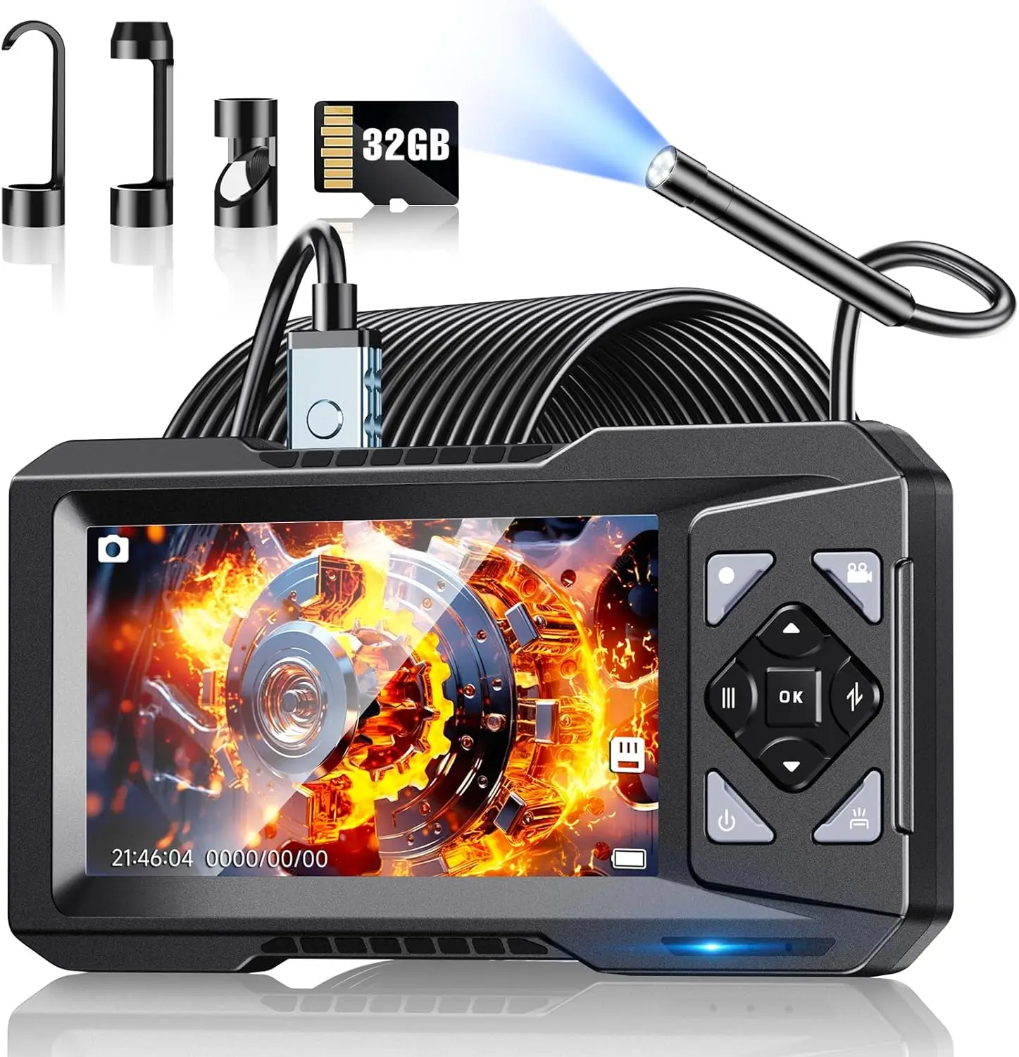 

Endoscope Camera 1080P HD with 32GB Card, 4.3' IPS Screen, 5.5mm IP67 Waterproof Probe, 6 LED Lights, 16.4FT Semi-Rigid Cable