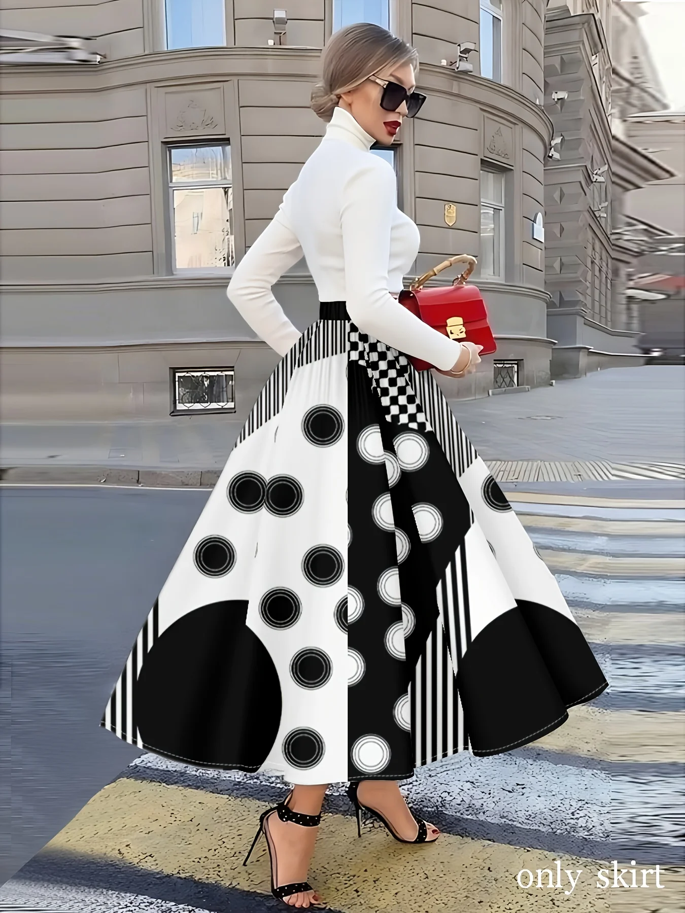 Printed Design Casual Style Geometric Stripes And Polka Dots Skirt