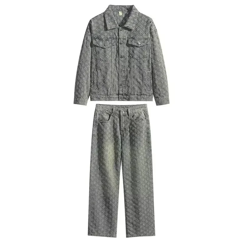 

New Arrival American Style Men's Versatile Spring Autumn Jacquard Casual Trendy Lapel Shirt Bell Bottoms Ensemble