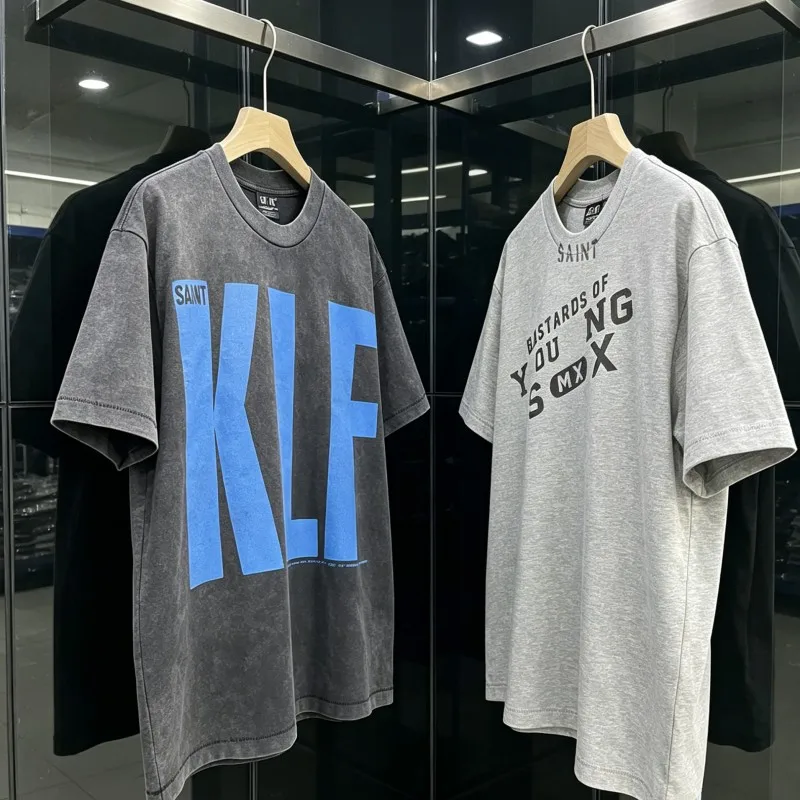 High Quality Cotton Saint Tshirts Retro American Streetwear Washed Worn Crack Print Round Neck Tops Men Women KLF Short Sleeve