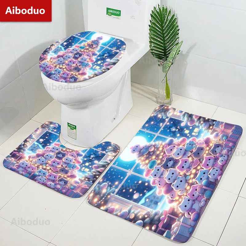 

Kawaii Cartoon Little Cats Christmas Tree Bathroom 3Pcs/set Mats Home Flannel Decorations Accessories Toilet Cover 40*60/50*80CM