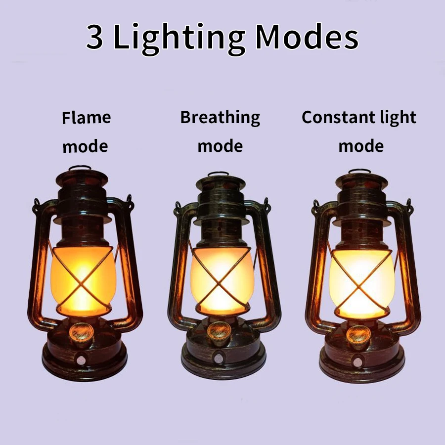 Rechargeable Retro LED Portable Lanterns Hanging Travel Camping Lamp Waterproof 3 Lighting Modes Vintage Atmosphere Light