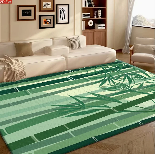 Fresh Green Bamboo Leaf Nature Illustration carpet flooring, Oriental Botanical Plant Art Print Area Rug for Living Room Bedroom Home Decor