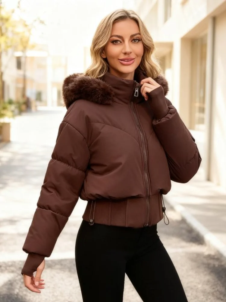 

Chic Drawstring Waist Hooded Cotton Padded Jacket Women Loose Stand Collar Long Sleeve Jacket 2025 Autumn Winter Warm Outwear