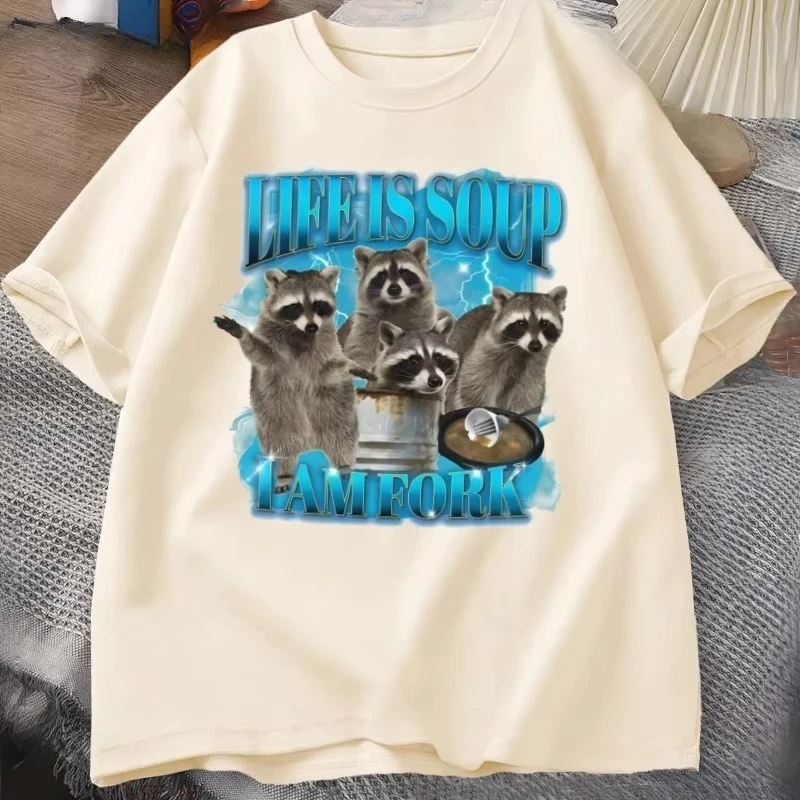 Funny Raccoon T-Shirt Men Women Life Is Soup I Am Fork T Shirt Raccoon Vintage Graphic Tee Animal Lover Tshirt Streetwear Tops
