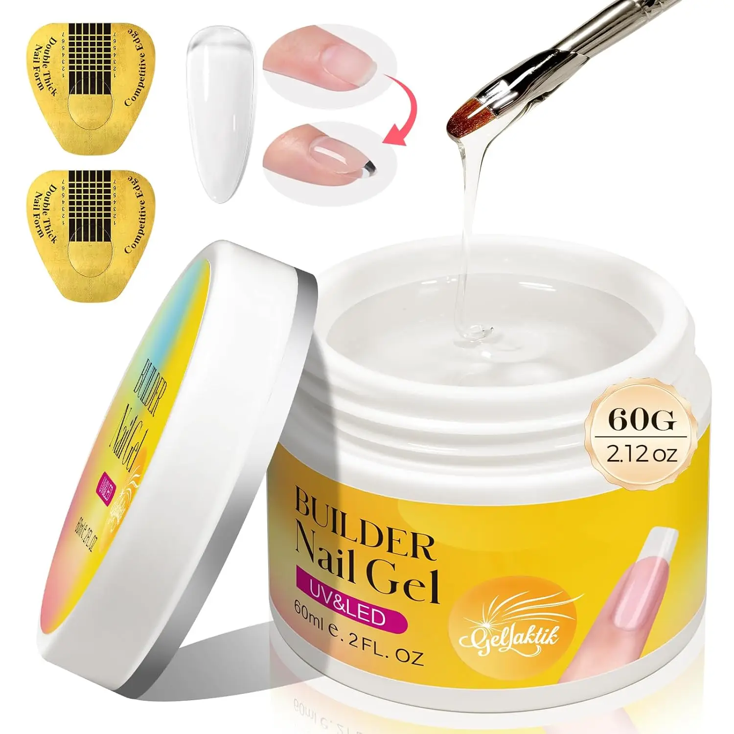 네일 빌더 젤, 60g 투명 하드 젤 (10개 폼 포함), UV LED 경화 조형 키트