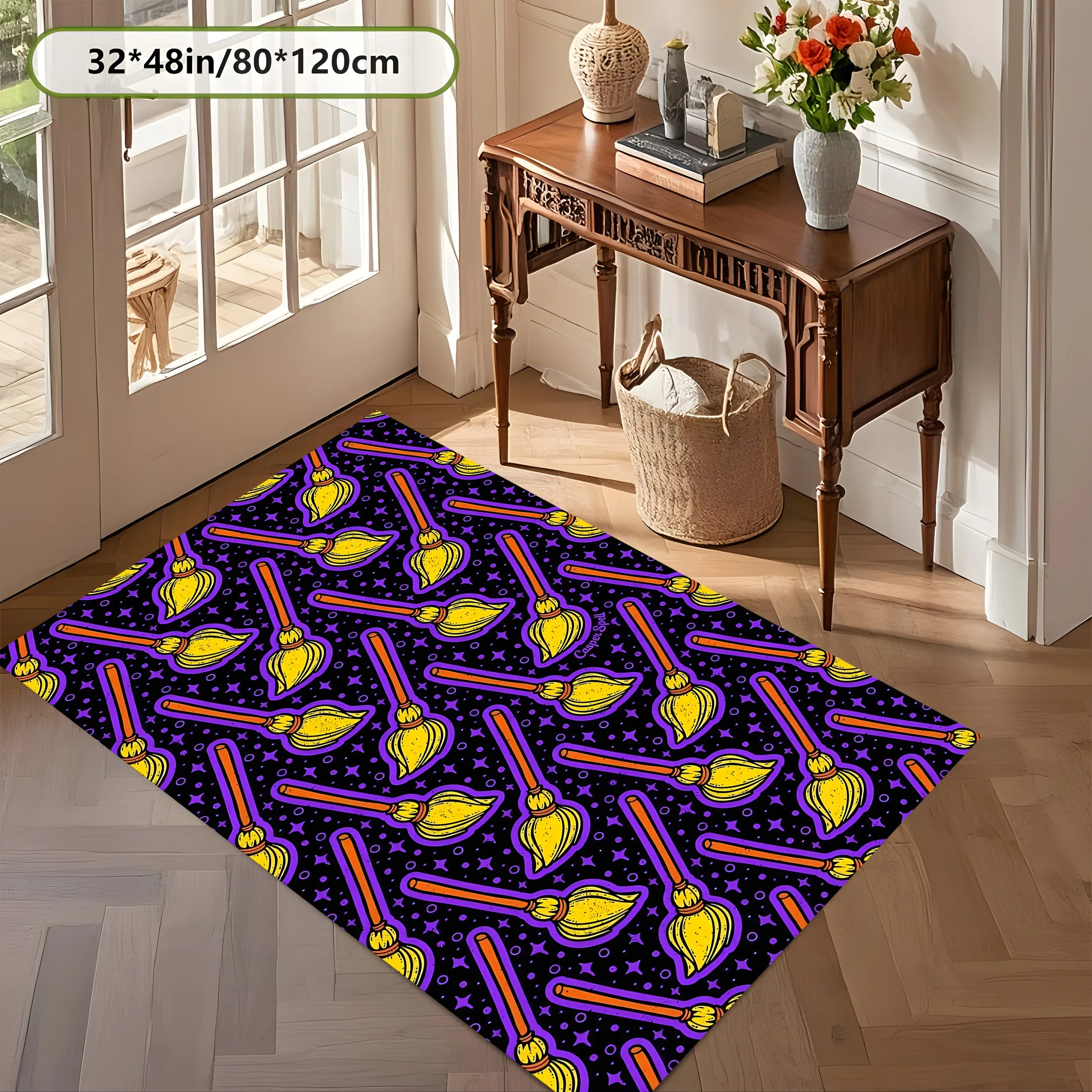 Witch Magic Broom All over Print 2D Area Rug in Fun Trendy Style for Living Room and Entryway, Halloween Party Decor