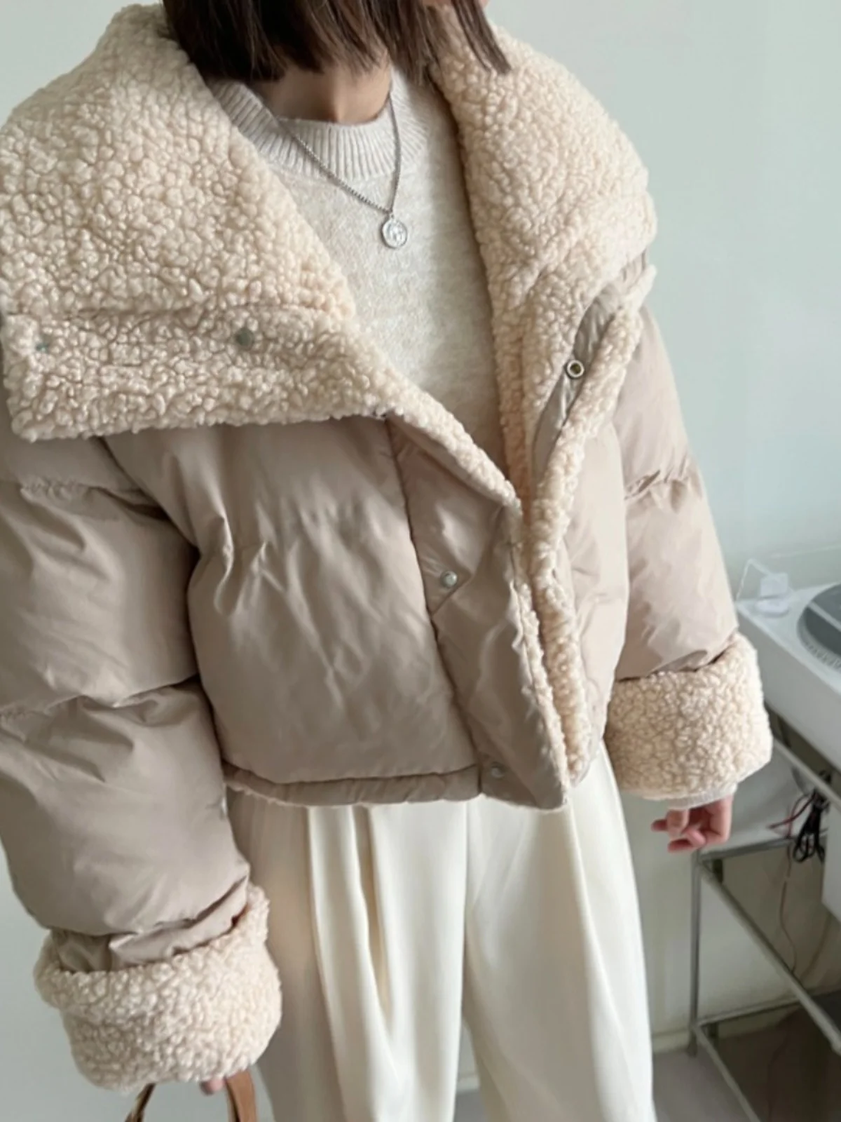 

Chic ort Thiened Cotton Jaet for Small Stature Women with Large Collar Double-Sided Wear Design Korean Sle Loose Fit