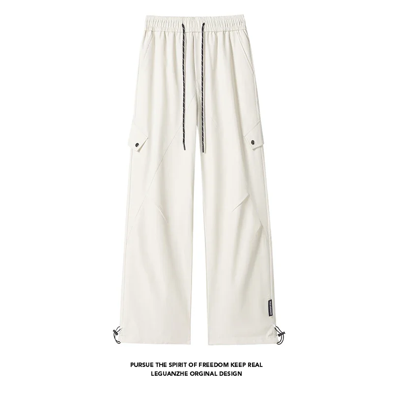 Men Casual Drawstring Wide Leg Cargo Pants Side Snap Button Pocket Adjustable Ankle All Match Daily Outdoor Long Trousers