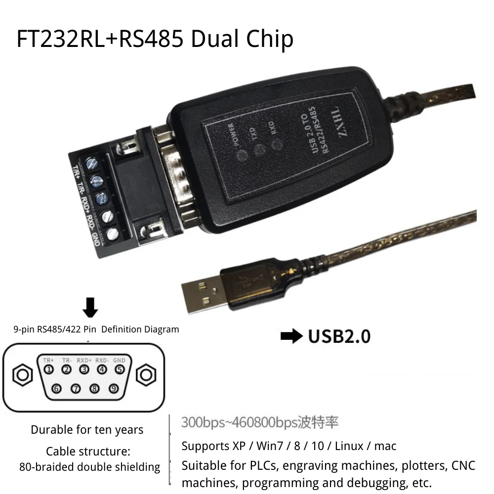 Industrial Grade USB To RS485 RS422 Converter FT232 Chip Shielded Communication Cable Surge Lightning Protection Serial Adapter