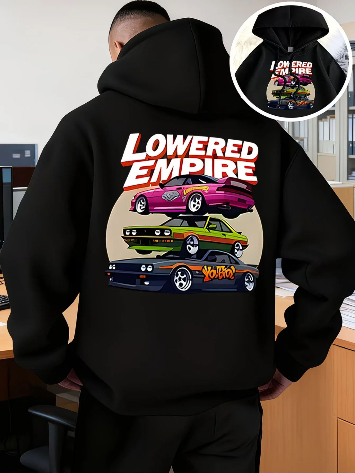 Lowered Empire Stacked Low Rider JDM Modified Cars Hoodie Unisex Loose Pullover Sweatshirt Front Back Print Car Enthusiast