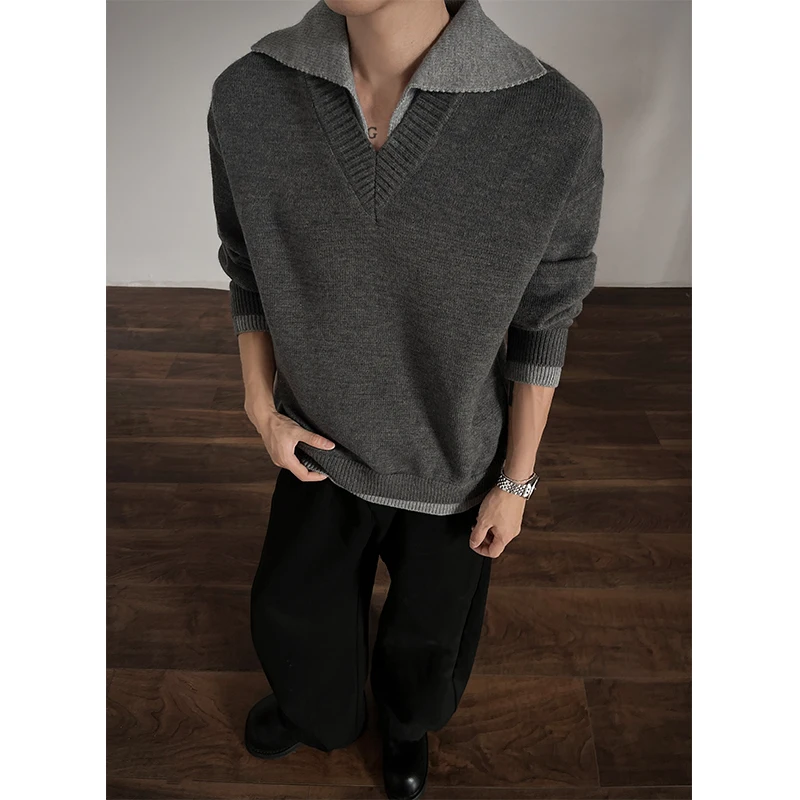 الشتاء سترة برقبة على شكل v الرجال الدافئة موضة عادية الأسود بلوفر مغزول الرجال الكورية فضفاضة طويلة الأكمام سترة رجالي البلوز الملابس