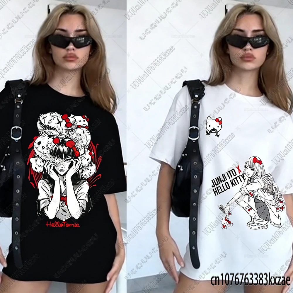 

Футболки Junji-Itos Tomie Hello Kitty для женщин, новые летние хлопковые футболки с короткими рукавами в стиле аниме, повседневные футболки в стиле Харадзюку, топы для пар Y2K