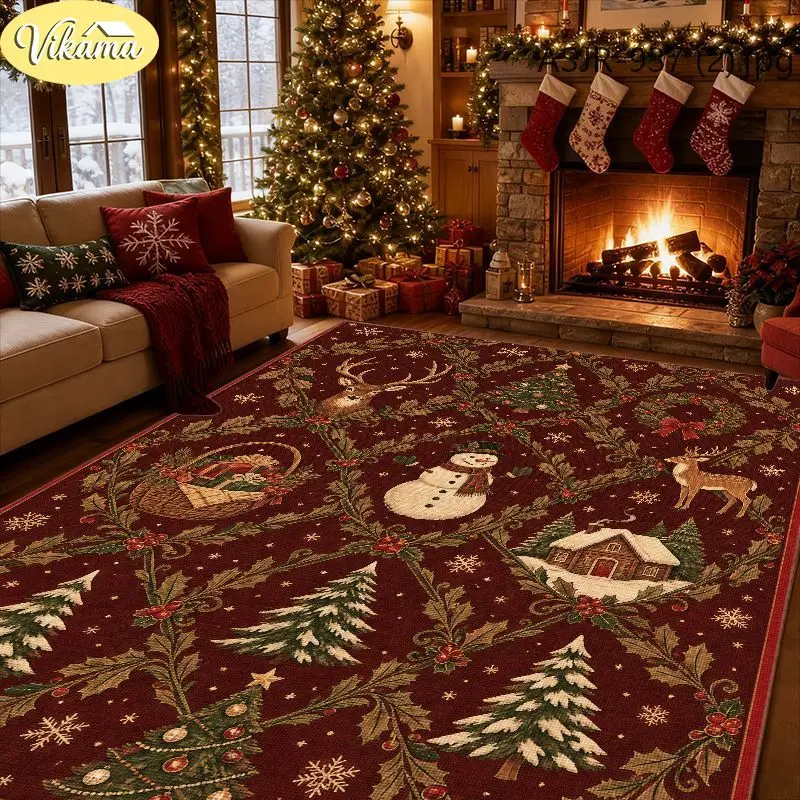 VIKAMA Christmas Burgundy Snowman Reindeer Diamond Rug Anti Slip Absorbent Floor Mat for Dining Room Living Room Holiday Decor