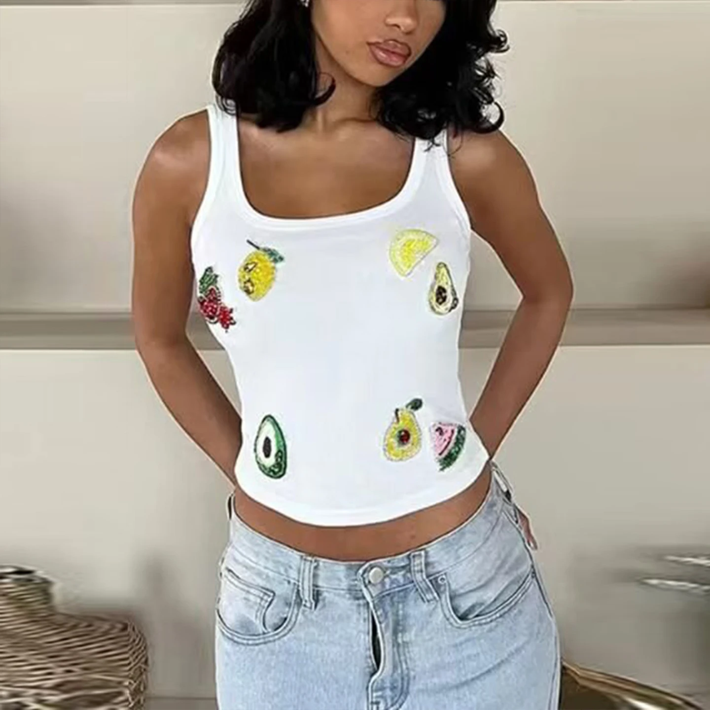 

Модный повседневный жилет с вышитыми бусинами, женский летний топ 202, новинка Sle Personali Z из полиэфирного волокна или длина