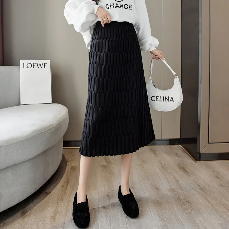 2026 New Women Elastic High Waist Textured Knit Midi Skirt Pleated A‑Line Swing Soft Warm Casual Fall Winter Ladies Long Skirt