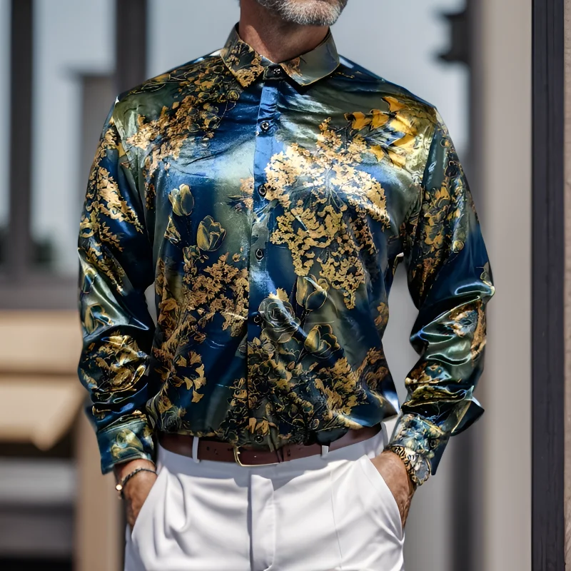 Plus Size Stretch Velvet Mens Shirts Summer Flowers Shirts For Mens Green Gold Autumn Blouse Velour Mens Clothing 2024 Long Slee
