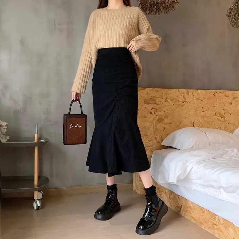 التنانير النسائية الخريف العصرية الرجعية Harajuku البوق طويلة كل مباراة عادية مريحة Faldas مزاجه شيك الصلبة بسيطة أنيقة سيدة #5