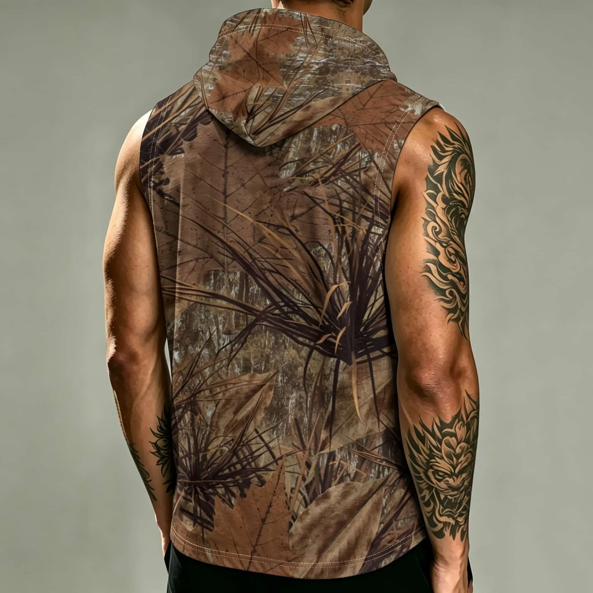 Outdoor Camo Sleeveless Hooded Men Tank Vest Nature Leaf Bark Camo Print Light‑Weight Active‑Wear For Trail Running And Wilderne