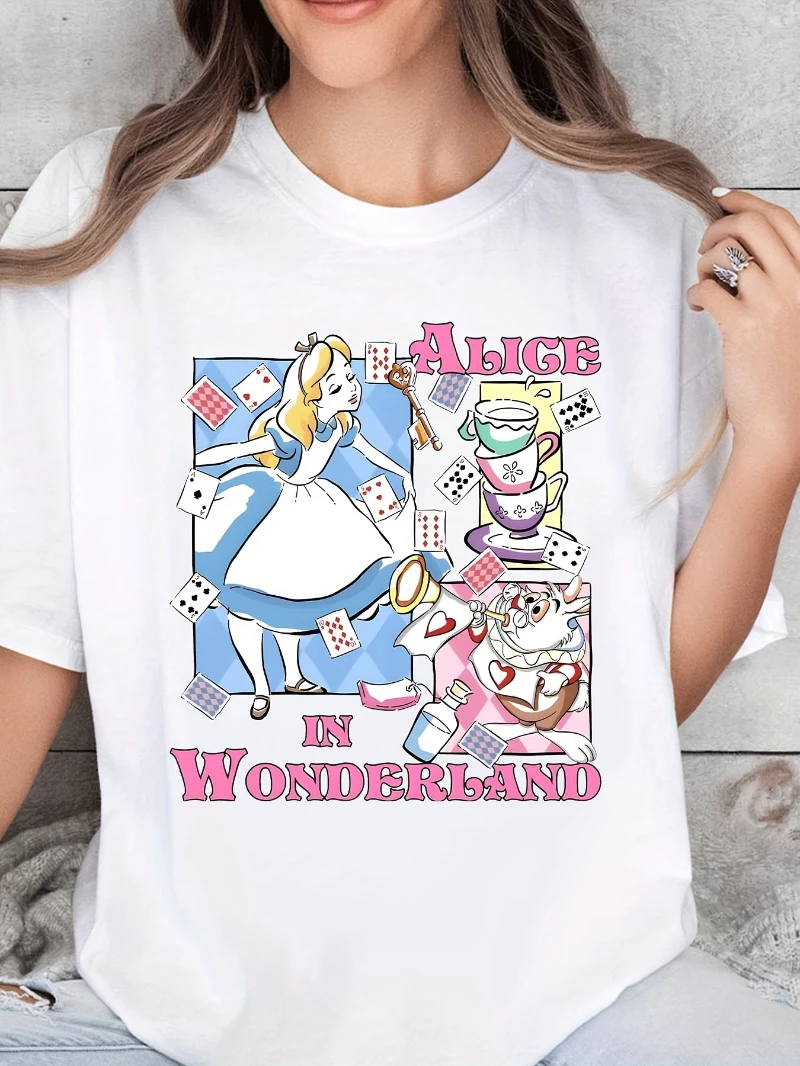 

Женская футболка с узором принцессы Диснея — приключения Алисы в стране чудес, повседневная футболка с круглым вырезом и короткими рукавами